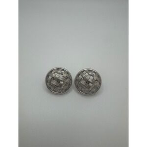 Vintage Crown Trifari Woven Dome Clip On Earrings Silver‎ Tone Textured Round